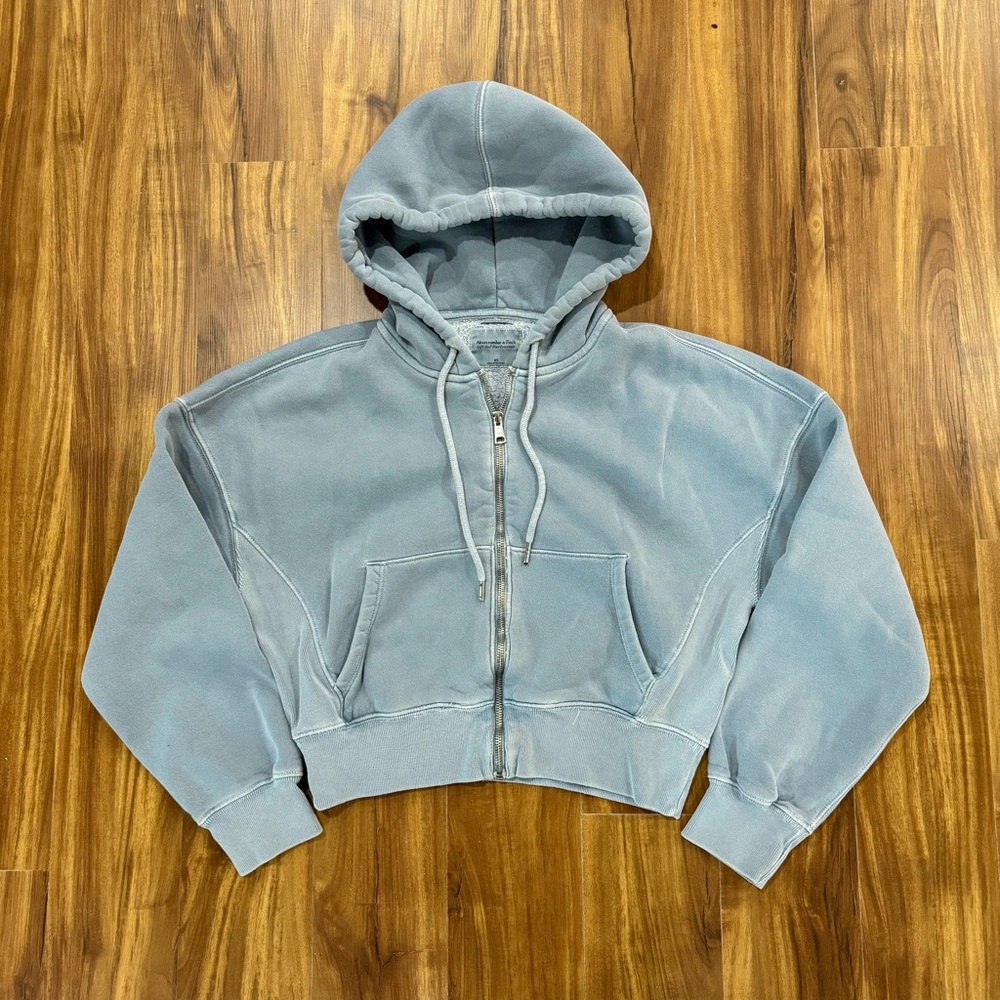 Abercrombie & Fitch Essential Full-Zip Hoodie- Light Blue